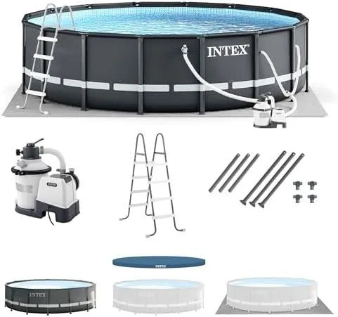 Intex Ultra XTR Frame 14′ x 42″ Round Above Ground Outdoor Swimming Pool Set with Sand Filter Pump